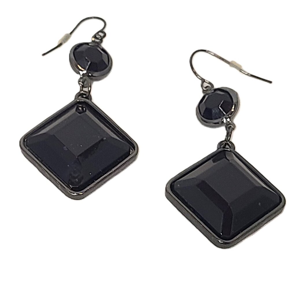 Black Gem Stone Diamond Silver Tone Balls Bead Drop Dangle Hook Earrings